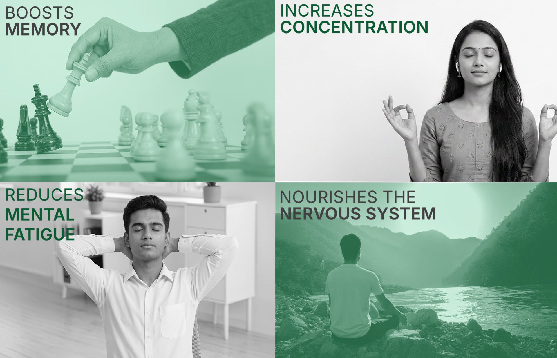 Four panels showing benefits of meditation with people engaged in activities like playing chess, meditating, and relaxing.