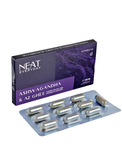 Box of Neat Everyday Ashwagandha and A2 Ghee supplement with capsules on a white background