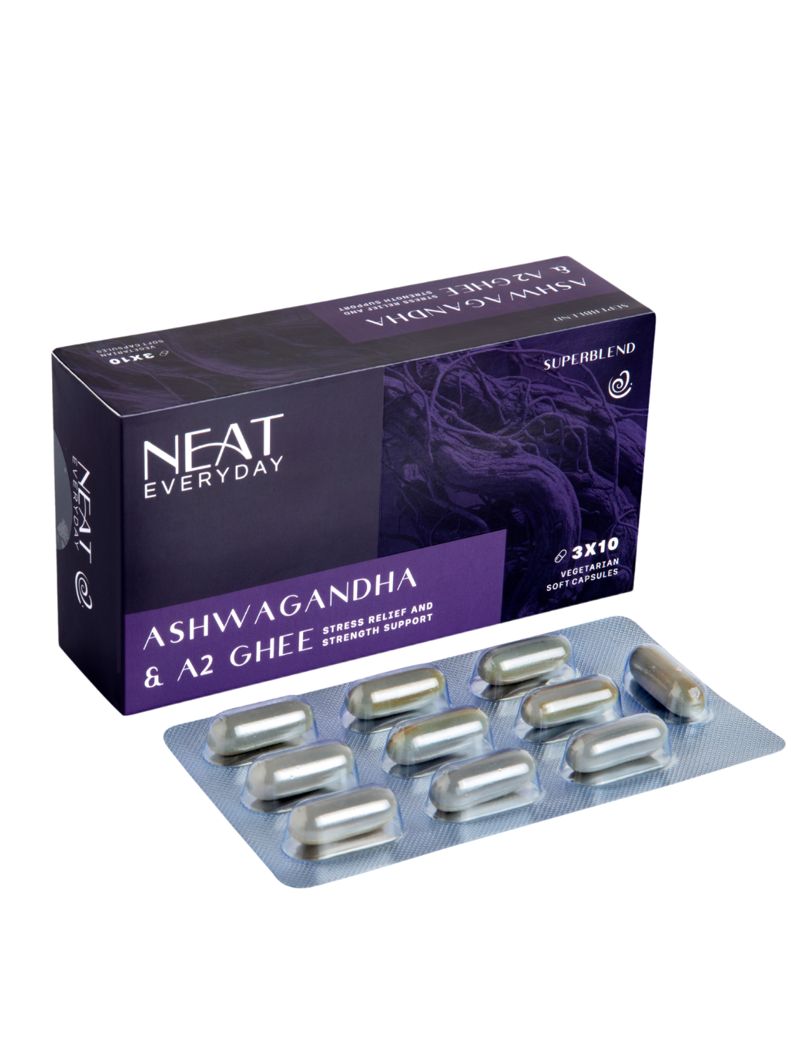Box of NEAT Everyday Ashwagandha &amp; A2 Ghee supplement with capsules on a white background