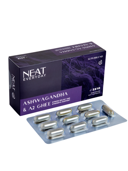 Box of NEAT Everyday Ashwagandha &amp; A2 Ghee supplement with capsules on a white background