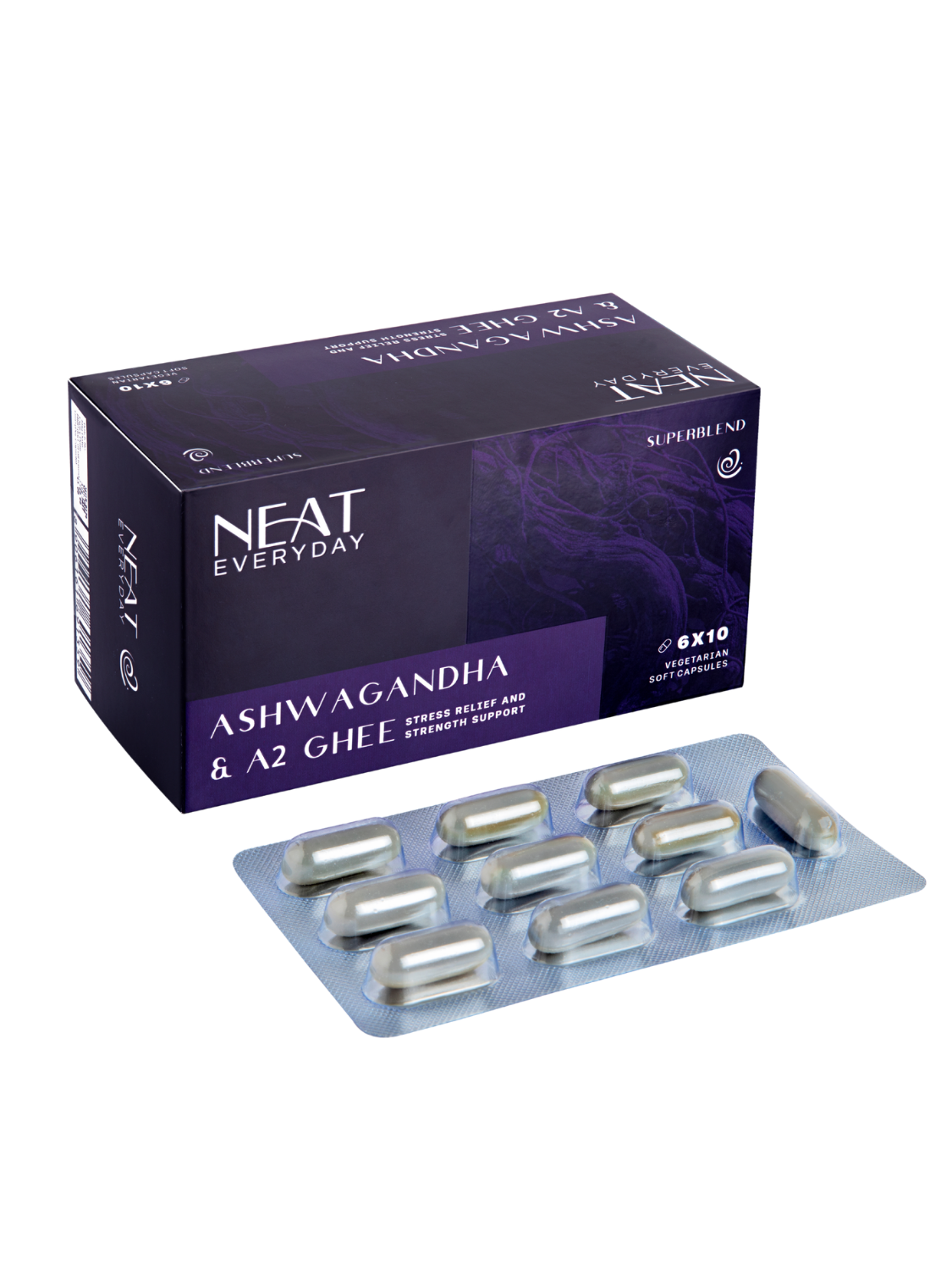 Neat Everyday Ashvagandha &amp; A2 Ghee supplement packaging with capsules on a white background