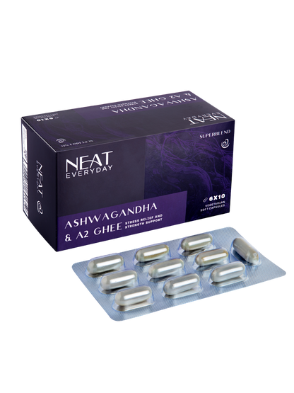 Neat Everyday Ashvagandha &amp; A2 Ghee supplement packaging with capsules on a white background