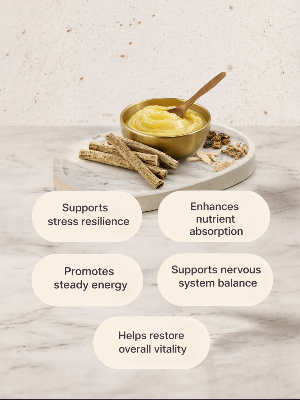 Nourishing bowl with ingredients and text highlighting health benefits on a light background