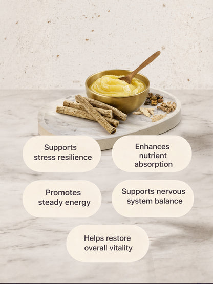 Nourishing bowl with ingredients and text highlighting health benefits on a light background