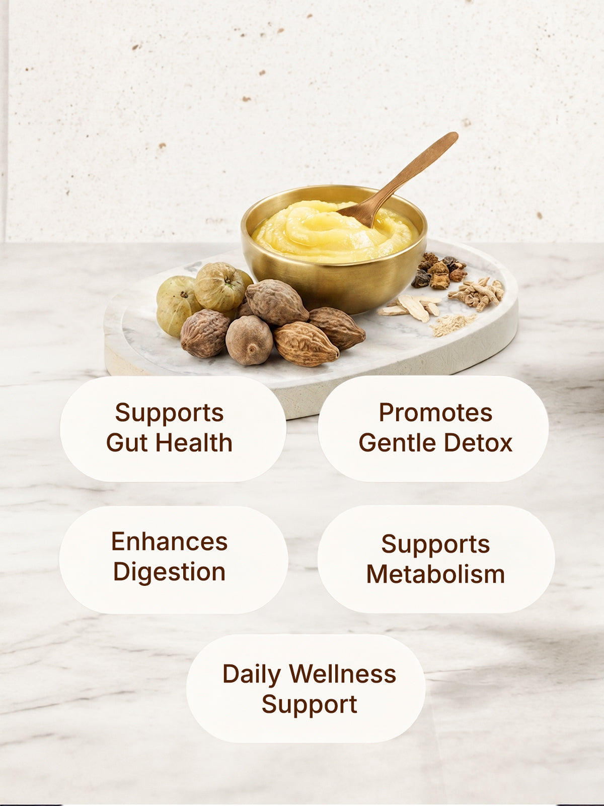Nourishing dish with ingredients and benefits listed on a light background