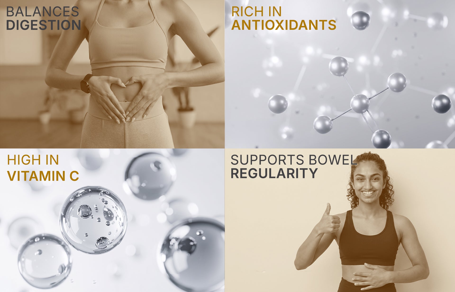 Four quadrants with text about health benefits and images of a woman, antioxidants, and vitamin C.
