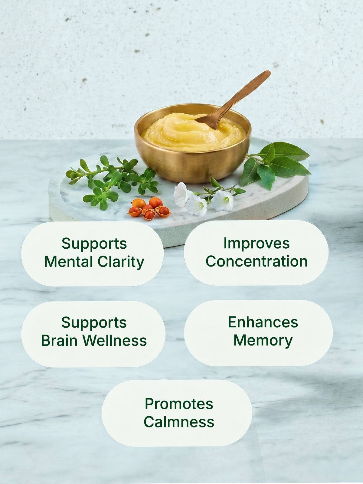 Bowl of yellow substance on a marble surface with text about brain health benefits.