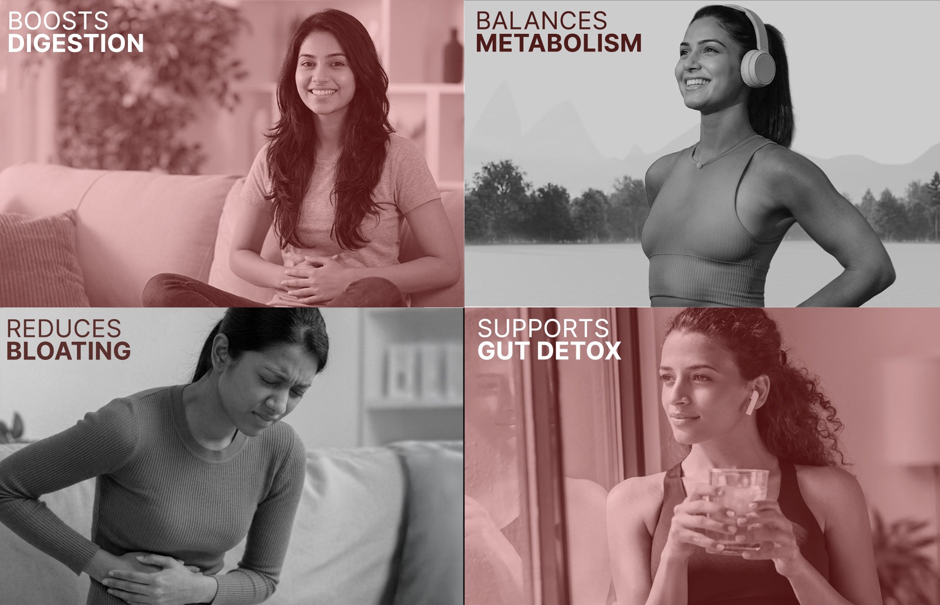 Four panels showing a woman with text about health benefits, with a blurred background.