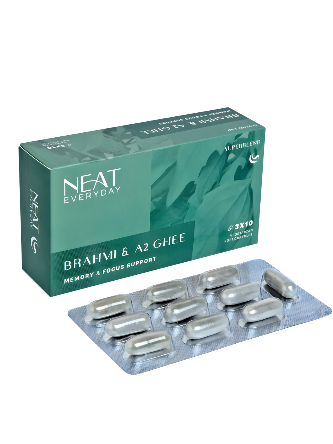 NEAT Everyday Brahmi &amp; A2 Ghee supplement packaging with capsules on a white background