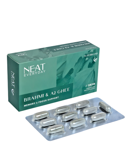 NEAT Everyday Brahmi &amp; A2 Ghee supplement packaging with capsules on a white background