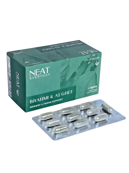 Neat Everyday Brahmi &amp; A2 Ghee supplement packaging with capsules on a white background