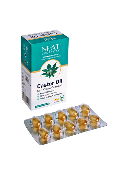 Neat Castor Oil capsules packaging with capsules on a white background