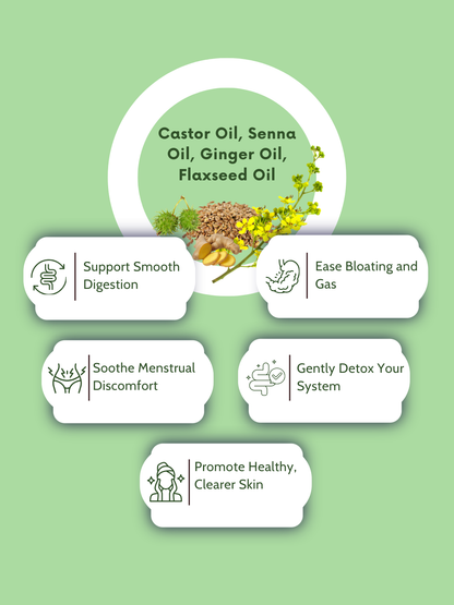 Illustration of castor oil, senna oil, ginger oil, and flaxseed oil with their benefits on a green background.