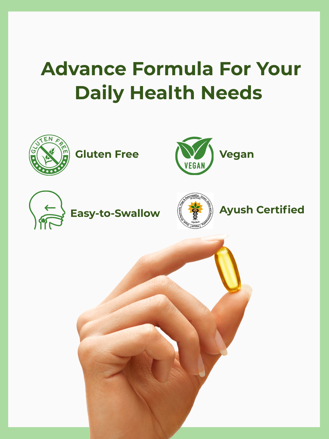Hand holding a supplement capsule with certification icons on a green border