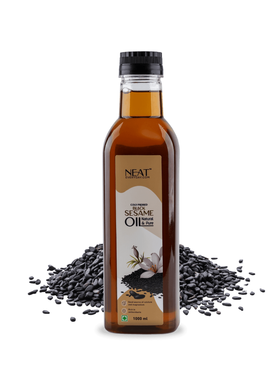 Cold-pressed black sesame oil 1L bottle by Neat Everyday, placed with raw black sesame seeds. Ideal for cooking, skincare, and wellness use.