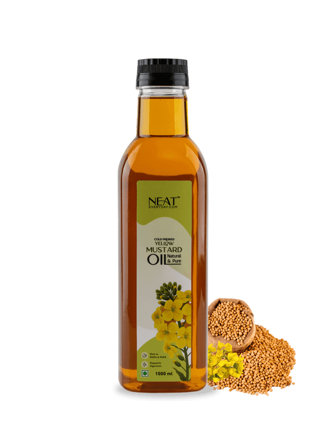 Cold Pressed Yellow Mustard Oil 1L by Neat Everyday, natural &amp; pure cooking oil with mustard seeds and flowers, ideal for health &amp; beauty use.