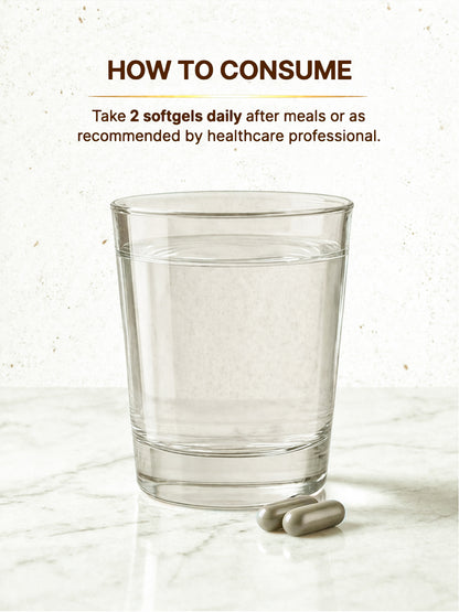 Glass of water with two softgels on a marble surface, with text on how to consume.