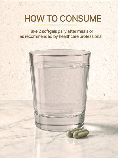 Glass of water with two softgels on a marble surface, with text on how to consume.