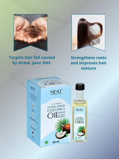 NEAT coconut oil packaging and bottle with text on a gradient background