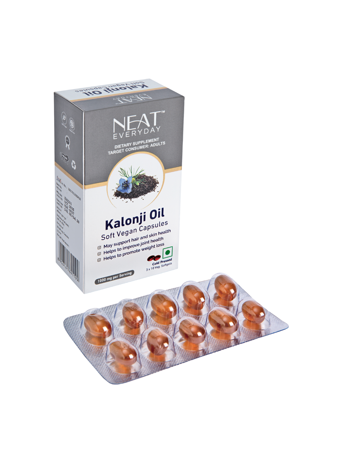 NEAT Kalonji Oil capsules packaging with capsules displayed on a white background