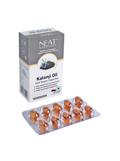 NEAT Kalonji Oil capsules packaging with capsules displayed on a white background