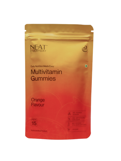 Packaging of NEAT Everyday Multivitamin Gummies in orange flavor on a white background