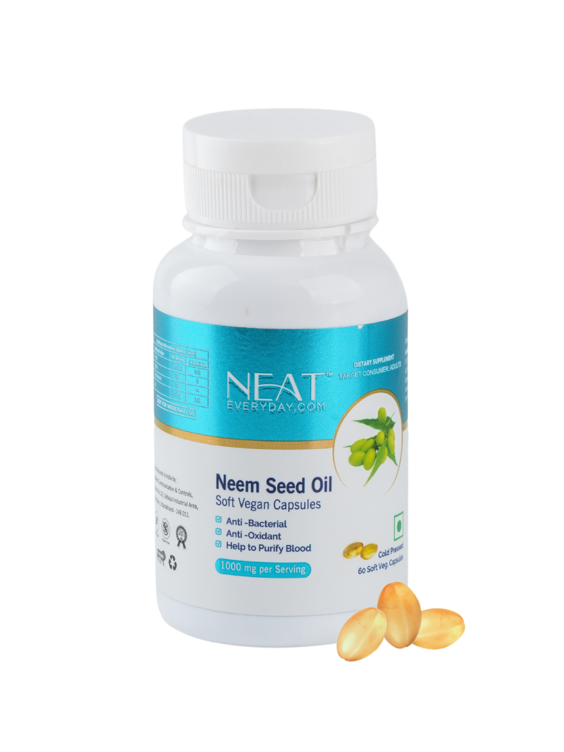 Neem Seed Oil Soft Vegan Capsules-1000mg Per Serving