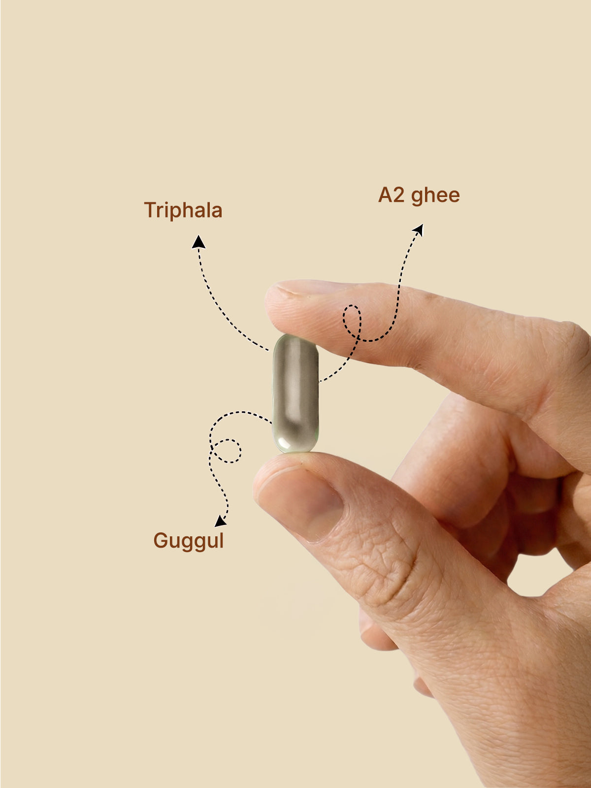 Hand holding a capsule with labeled ingredients on a beige background