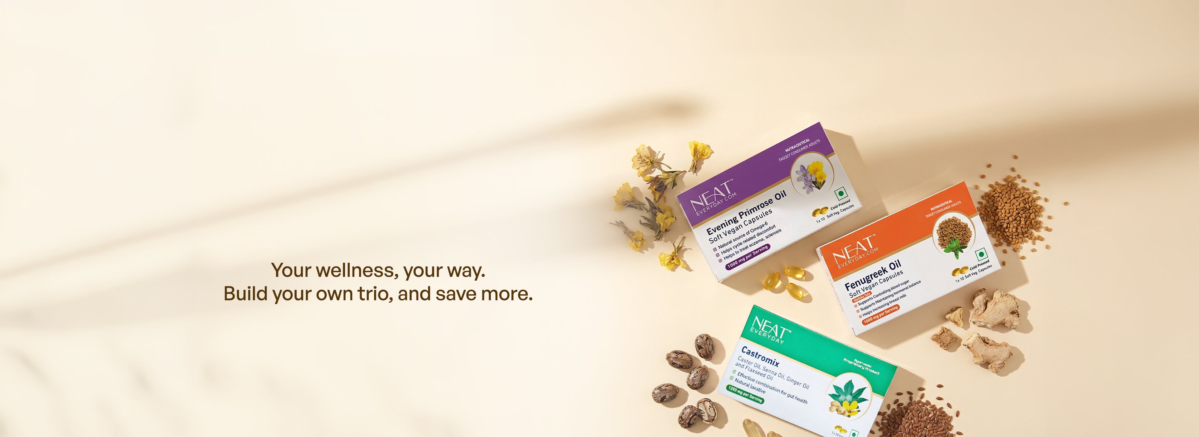 Three small wellness supplement boxes from NAI are arranged on a warm cream background with scattered dried herbs and flowers. The boxes show different color panels: purple, orange, and green, with product text partially visible.