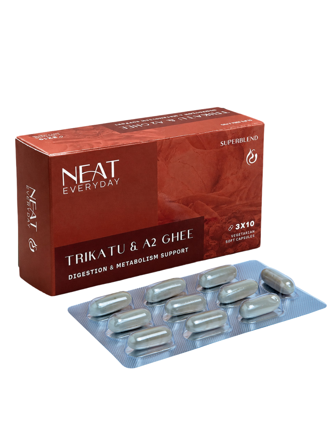 NEAT Everyday Trikatu &amp; A2 Ghee supplement packaging with capsules on a white background