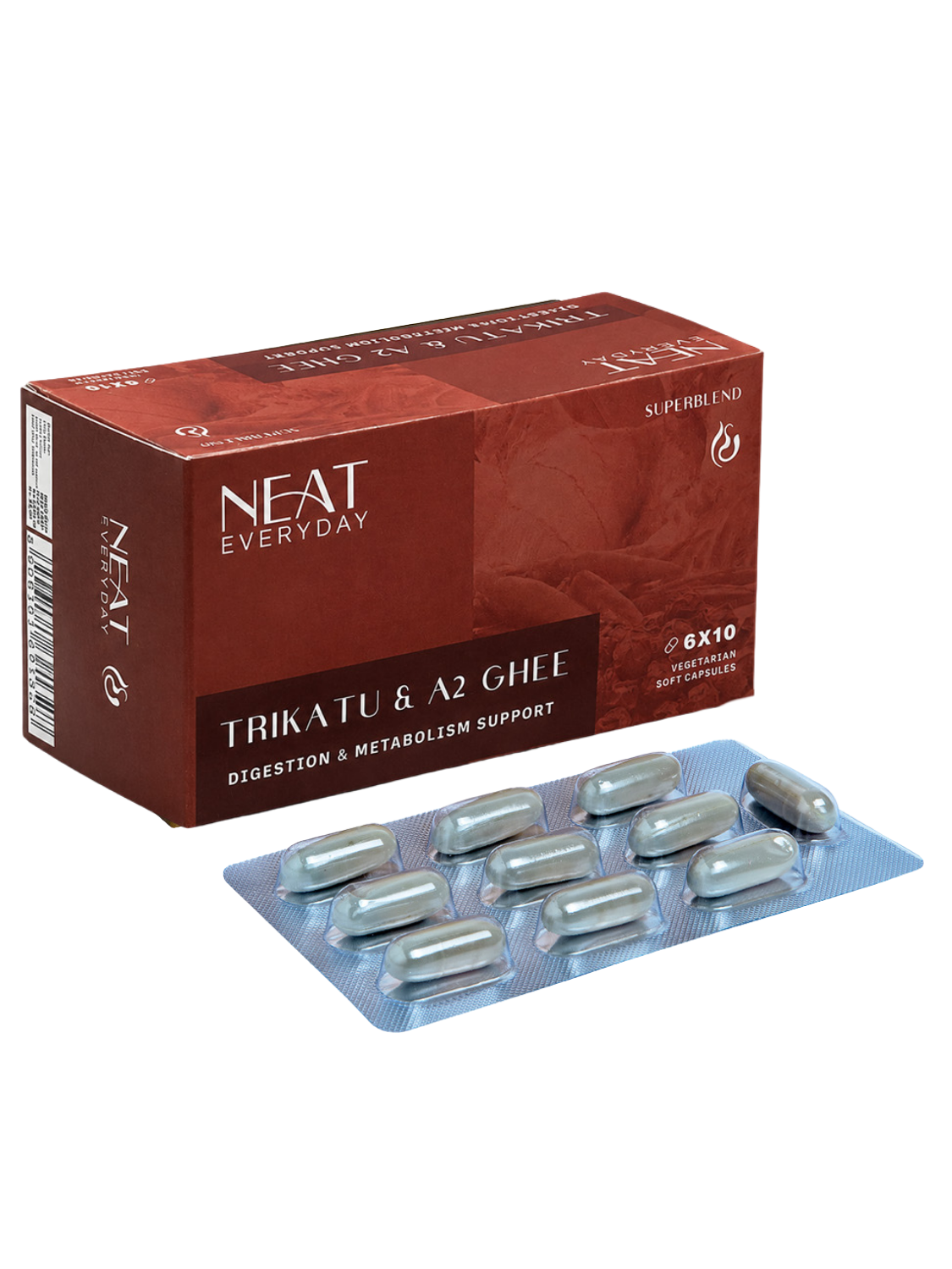Neat Everyday Trikatu &amp; A2 Ghite packaging with capsules on a white background