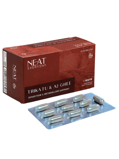 Neat Everyday Trikatu &amp; A2 Ghite packaging with capsules on a white background