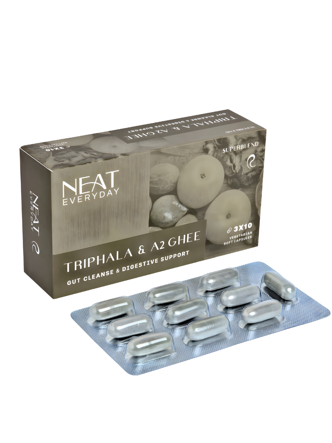 Packaging of NEAT Everyday Triphala &amp; A2 Ghee capsules on a white background