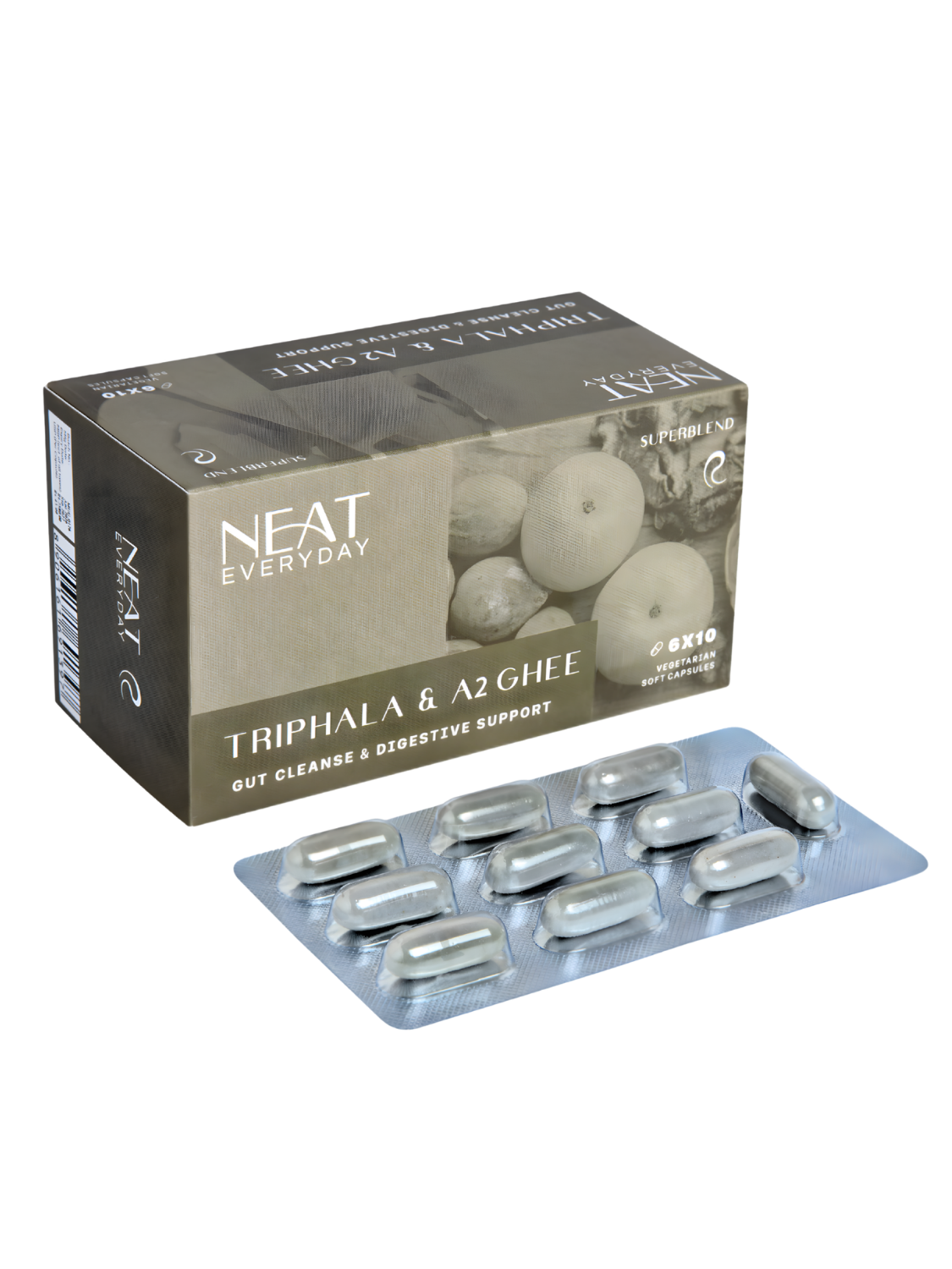 Packaging of NEAT Everyday Triphala &amp; A2 Ghee capsules on a white background
