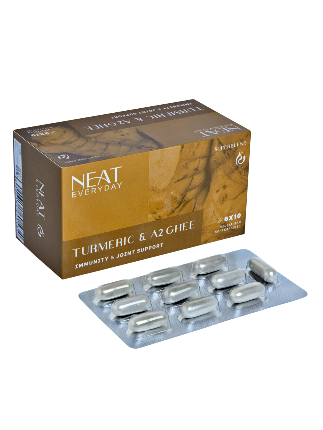 Box of Neat Everyday Turmeric &amp; A2 Ghee supplements with capsules on a white background