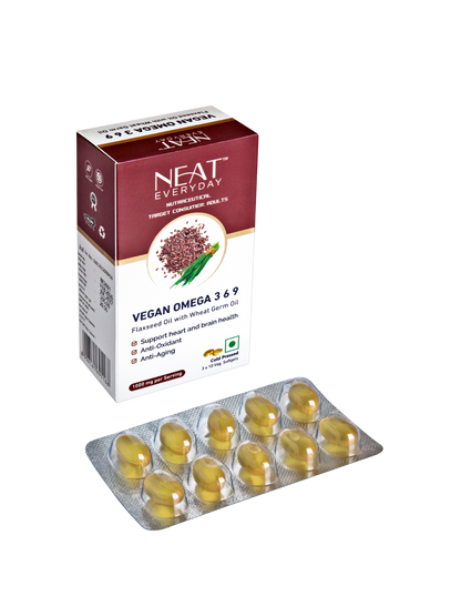 NEAT Vegan Omega 3 &amp; 9 supplement packaging with capsules on a white background