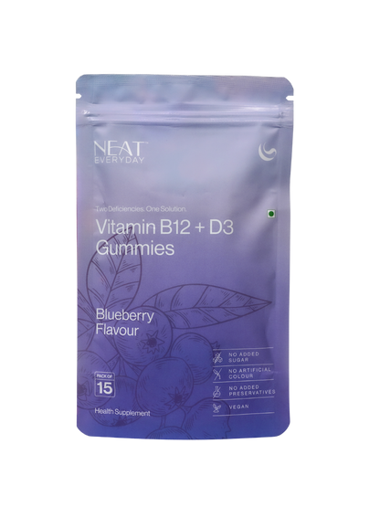 Purple package of NEAT Vitamin B12 + D3 Gummies with blueberry flavor on a white background