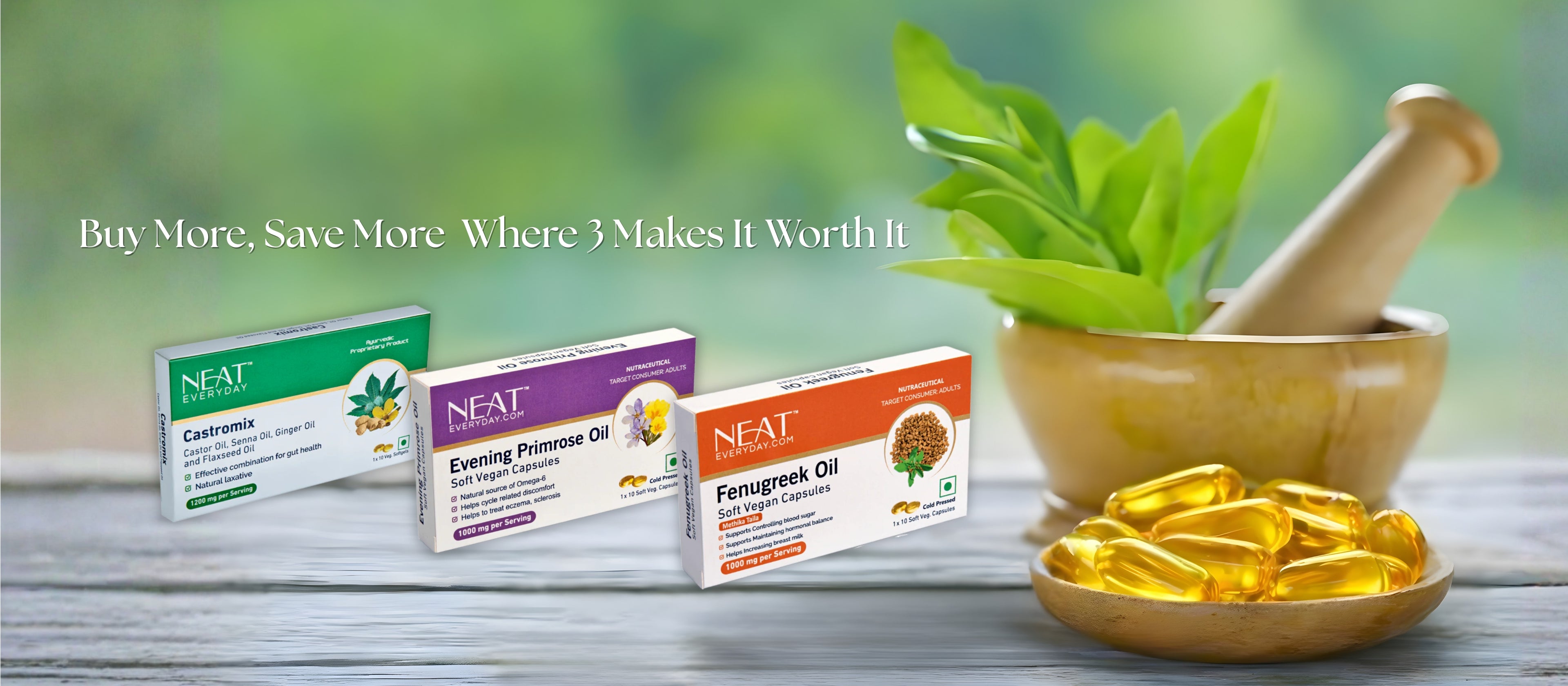 NEAT supplement boxes with a mortar and pestle and green leaves on a wooden surface.