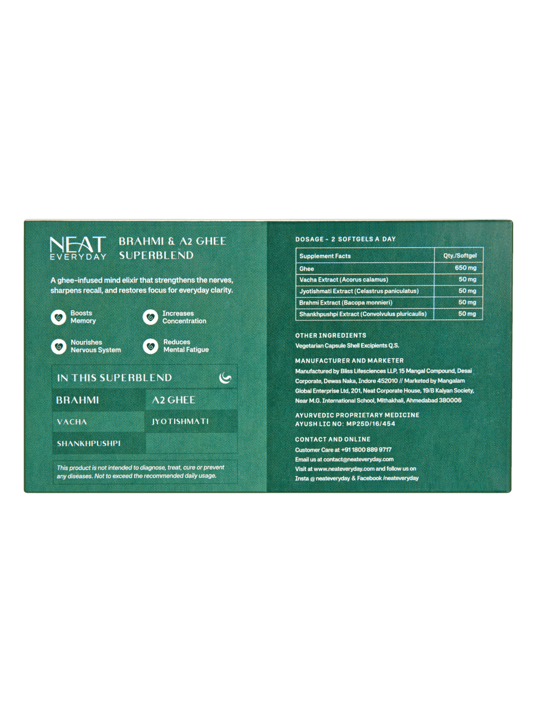 Neat Ayurvedic product packaging with text and green color scheme on a white background