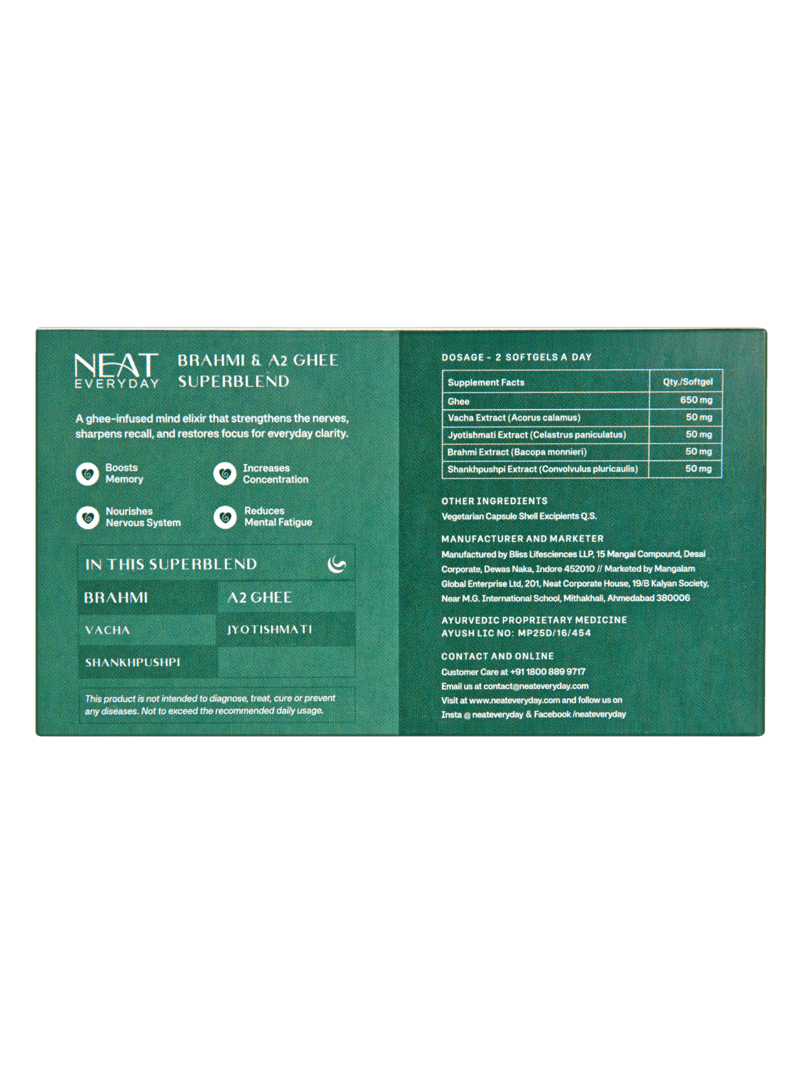 Neat Ayurvedic product packaging with text and green color scheme on a white background