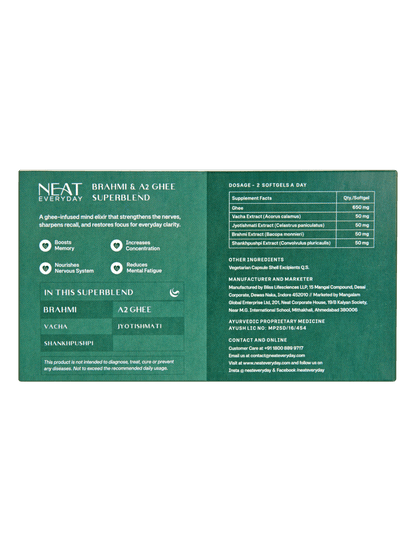 Neat Ayurvedic product packaging with text and green color scheme on a white background
