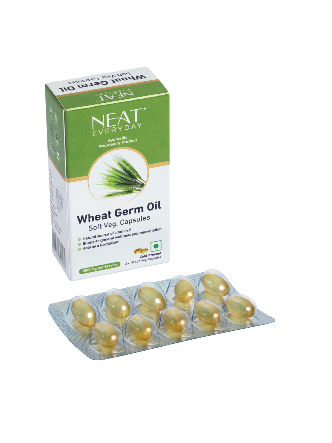 Neat Everyday Wheat Germ Oil capsules packaging on a white background
