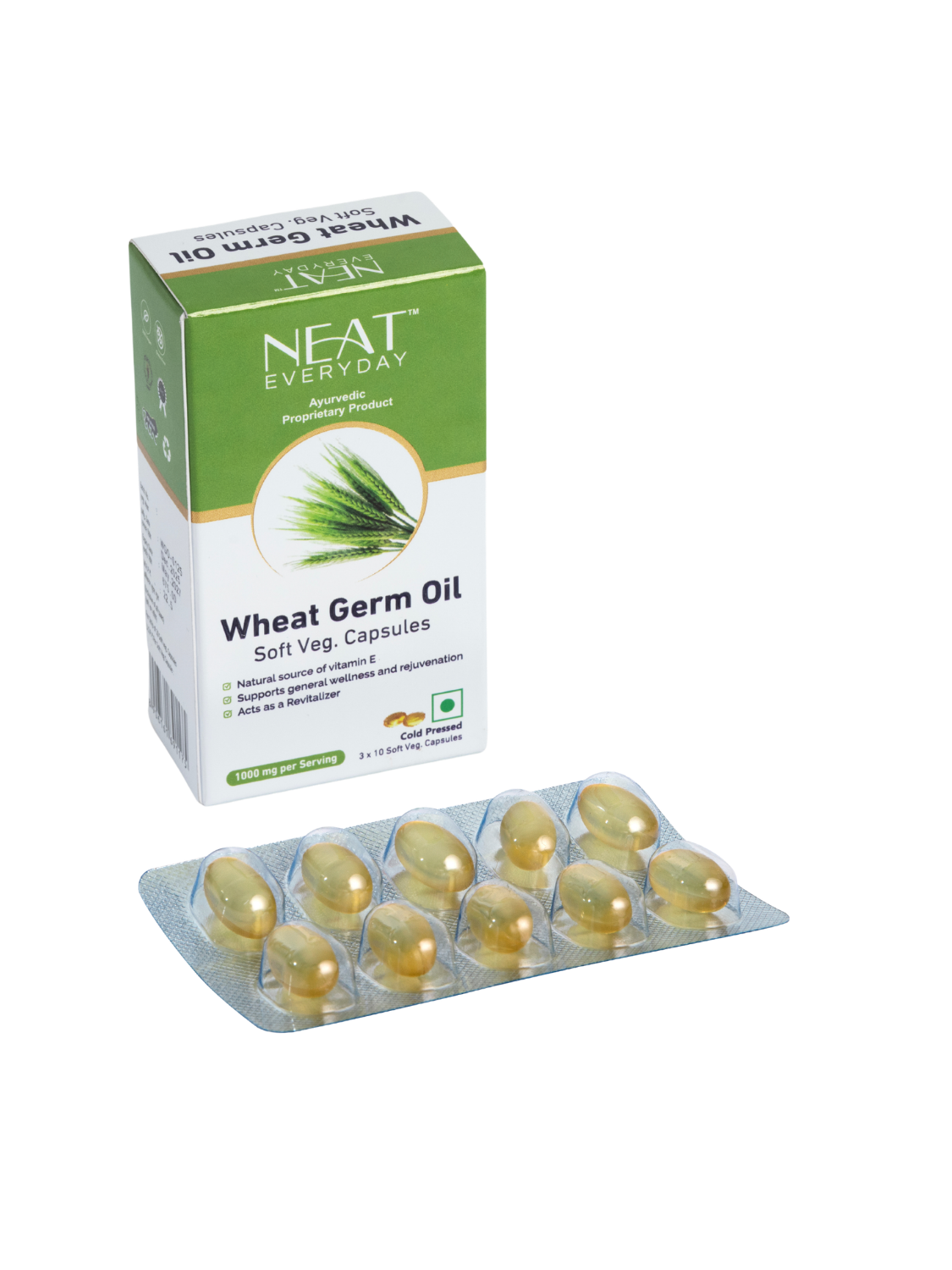 Neat Everyday Wheat Germ Oil capsules packaging on a white background