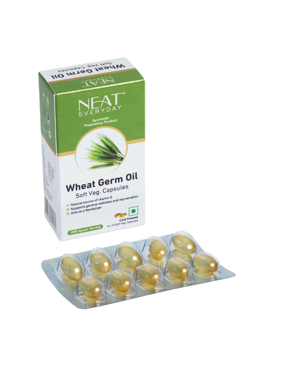 Neat Everyday Wheat Germ Oil capsules packaging on a white background