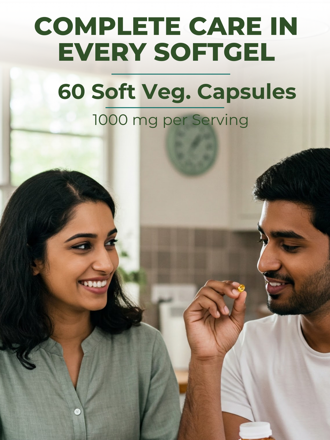 Couple holding Castromix Softgel Capsule, highlighting 60 soft vegan capsules per bottle for natural digestive and laxative support.