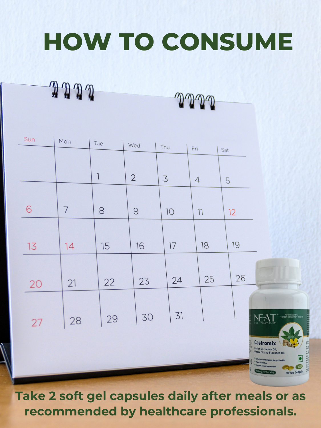 Calendar with Castromix bottle showing dosage instructions to take 2 softgels daily after meals for gut health and detox benefits.