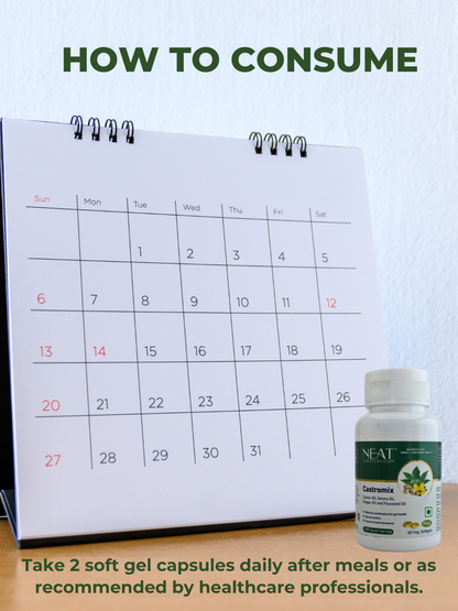 Calendar with Castromix bottle showing dosage instructions to take 2 softgels daily after meals for gut health and detox benefits.