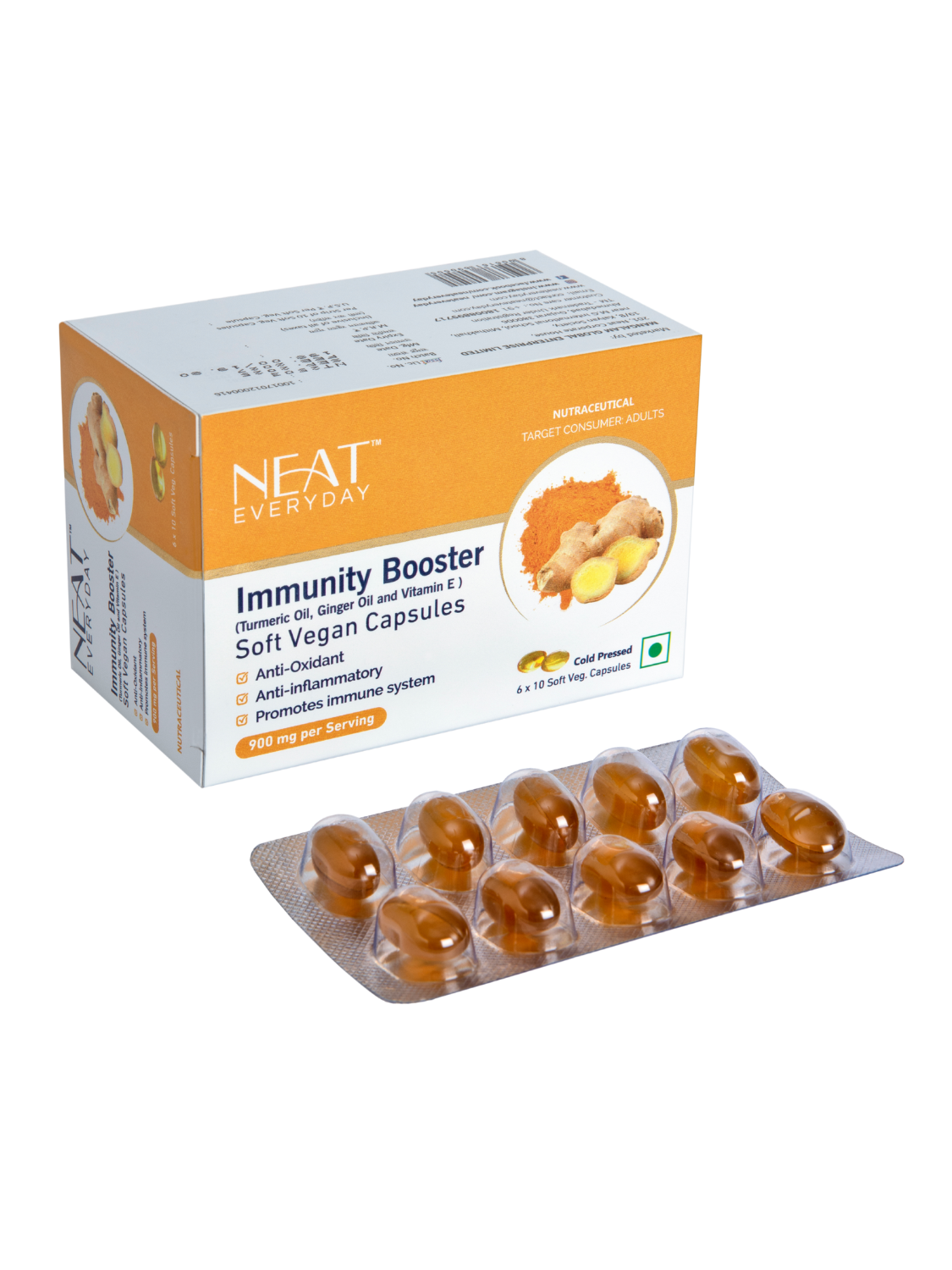 Immunity Booster (Turmeric Oil, Ginger Oil and Vitamin E) Soft Vegan Capsules-900mg Per Serving