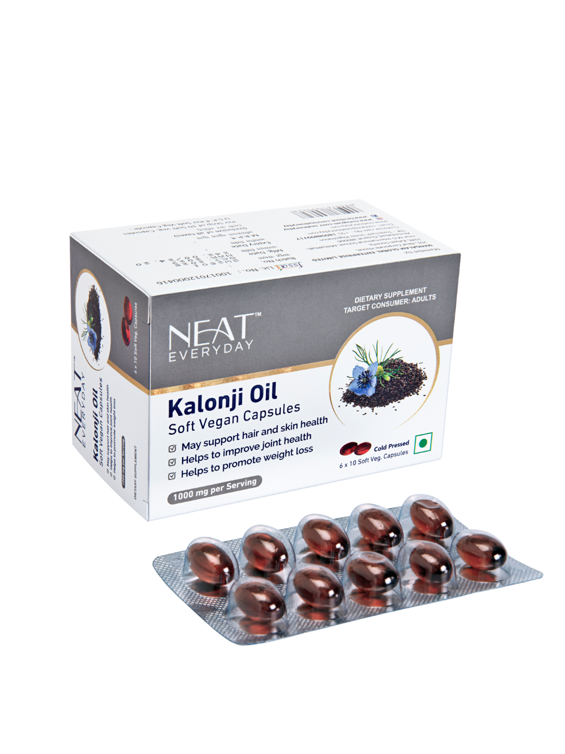 Box of NEAT Everyday Kalonji Oil soft vegan capsules on a white background