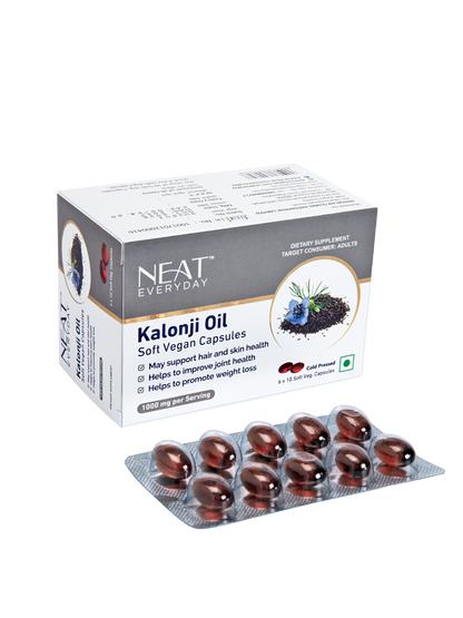 Box of NEAT Everyday Kalonji Oil soft vegan capsules on a white background